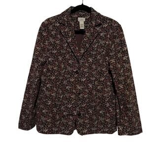 L.L. Bean Floral Corduroy Blazer Brown Front Button Pocket Long Sleeve Sz 8